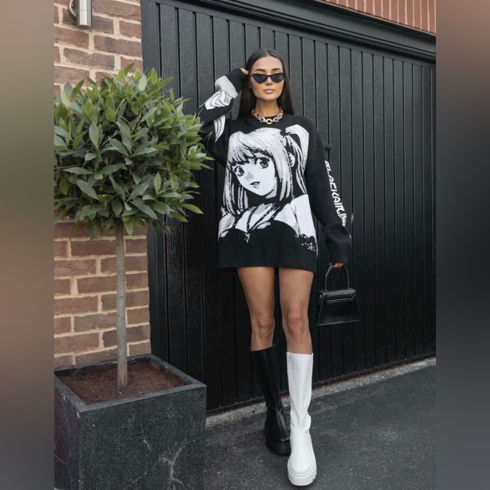 Black Air Unisex Size Large Black & White Knit Anime Crewneck Sweater